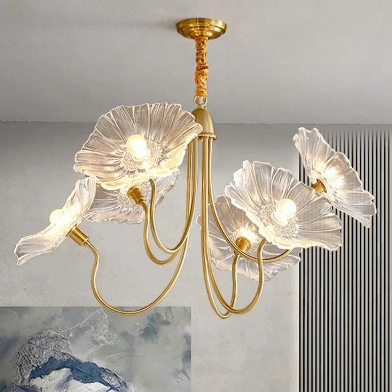 

Modern Lotus Flower Ceiling Chandelier Glass Flowers Lampshade Bedroom Living Room Dining Kitchen Gold LED Lighting Lamp Fixture