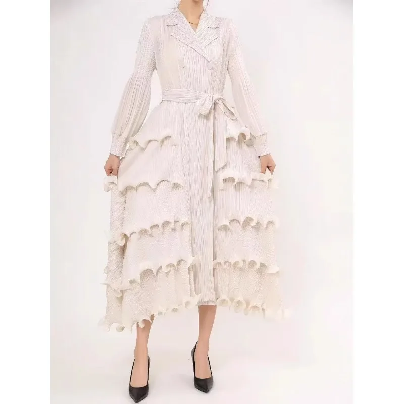 Elegant Long Sleeves Vintage Notched Neck Chic Bandage Fashion A-line Slim Ruffle Cake Dress Evening High Street Autumn Clothing