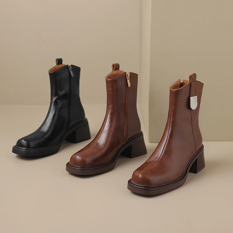 

Women Ankle Boots Shoes Genuine Leather Elegant Fashion Thick Heels 5.5cm Black Chelsea Boots Large Size Elegant Y77