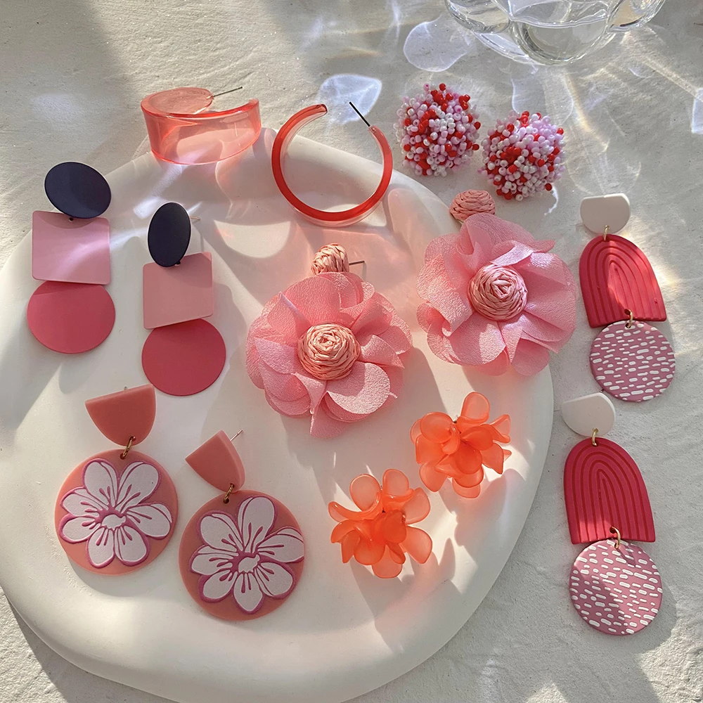 Lifefontier Handmade Red Acrylic Geometric Floral Wedding Bride Drop Earrings For Women Temperament Jewelry Flower Earring Gift