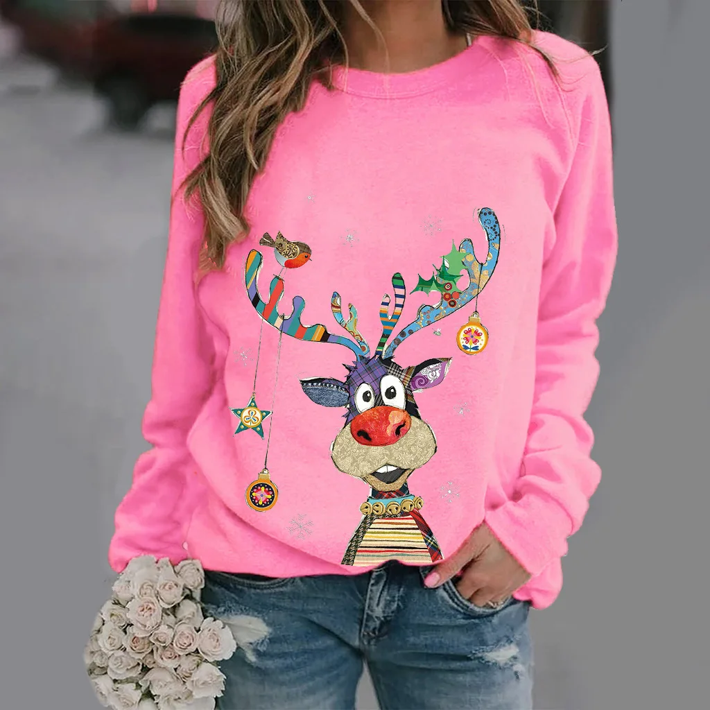 Autumn Winter Christmas Sweater Vintage Elegant Tops Ladies Round Neck Animal Printed Long Sleeve Street Fashion Snowman T-shirt