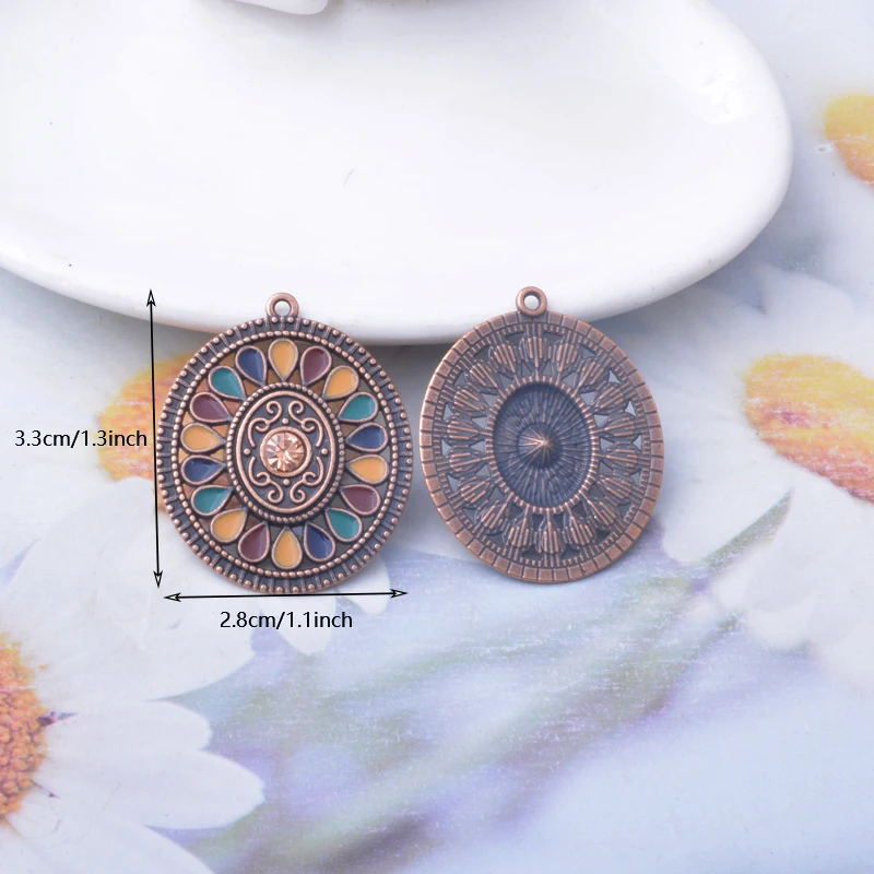 10 Stück Emaille-Oval-Blumenanhänger aus Legierung, bunt, antikgoldfarben, im böhmischen Stil, Anhänger für DIY-Schmuckherstellung, Ohrringe. – Detail 3