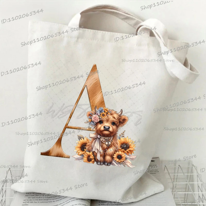 Vintage Cartoon Highland Cattle Pattern Canvas Shoulder Bag Women Fashion Alphabet Lightweight Tote Bags Storage Teen Handbags