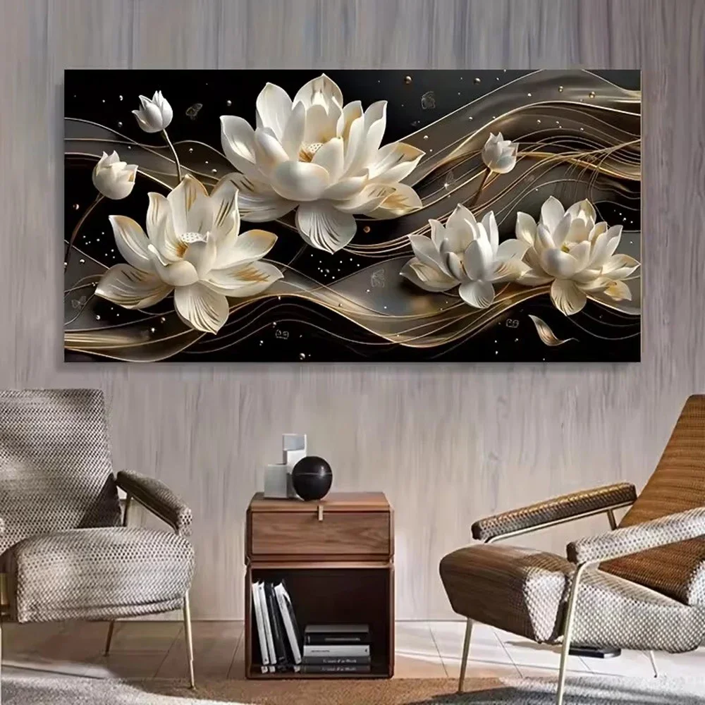 

White Lotus Flower Diy Wall Art, Abstract Modern Decor, Full Square Round Drill ,Diamond Painting for Living Room, Bedroom Decor