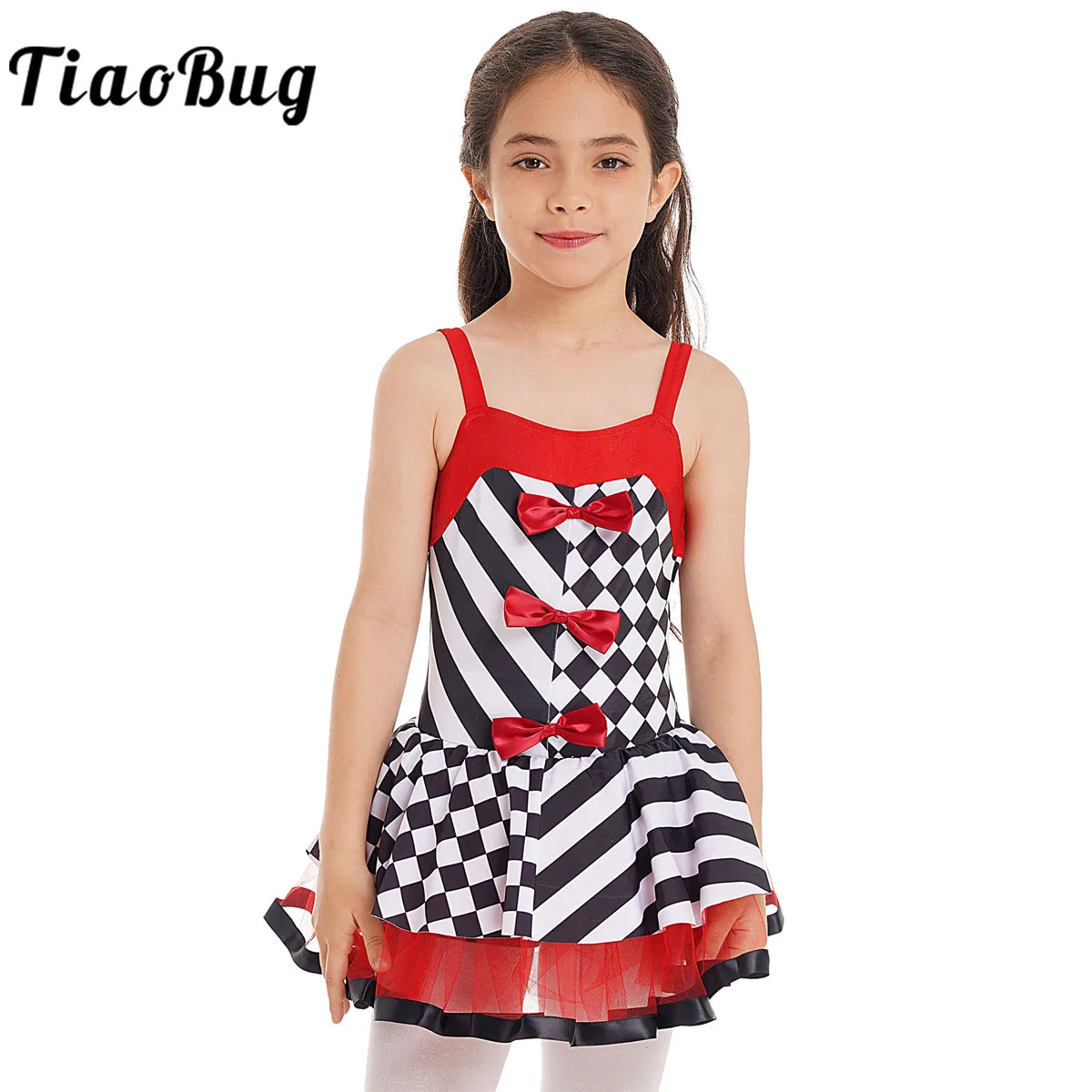 

Checkerboard Print Clown Cosplay Tutu Dress Kids Girls Grid Circus Jester Clown Costume Halloween Performance Leotard Tutu Dress