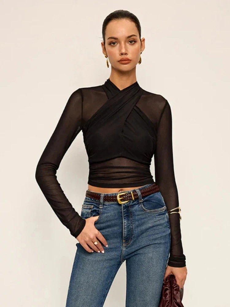 See Through Mesh T Shirt Long Sleeve Crop Top Women Edgy Clothes Y2k Accessories Slim Camison Verano Crossing Collar Ropa Mujer