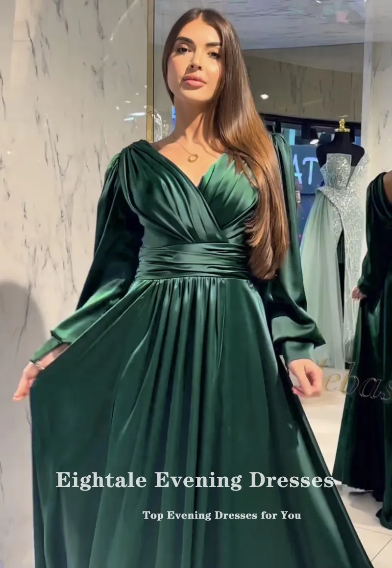 Eightale Dark Green Evening Dresses V-Neck Long Sleeves A-Line Pleats Floor Length Prom Party Gown Wedding Vestidos De Gala