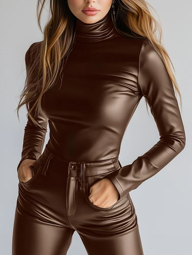 Camiseta de cuero PU para mujer, cuello alto, manga larga, ajustada, lisa, gótica, informal, Tops, ropa de calle sólida 2025