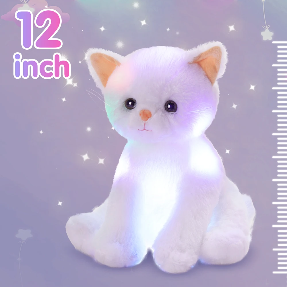 Juguete de peluche luminoso LED brillante para niñas, muñeco de gato Kawaii, almohada para dormir, canciones de cuna, gatito blanco, animales de