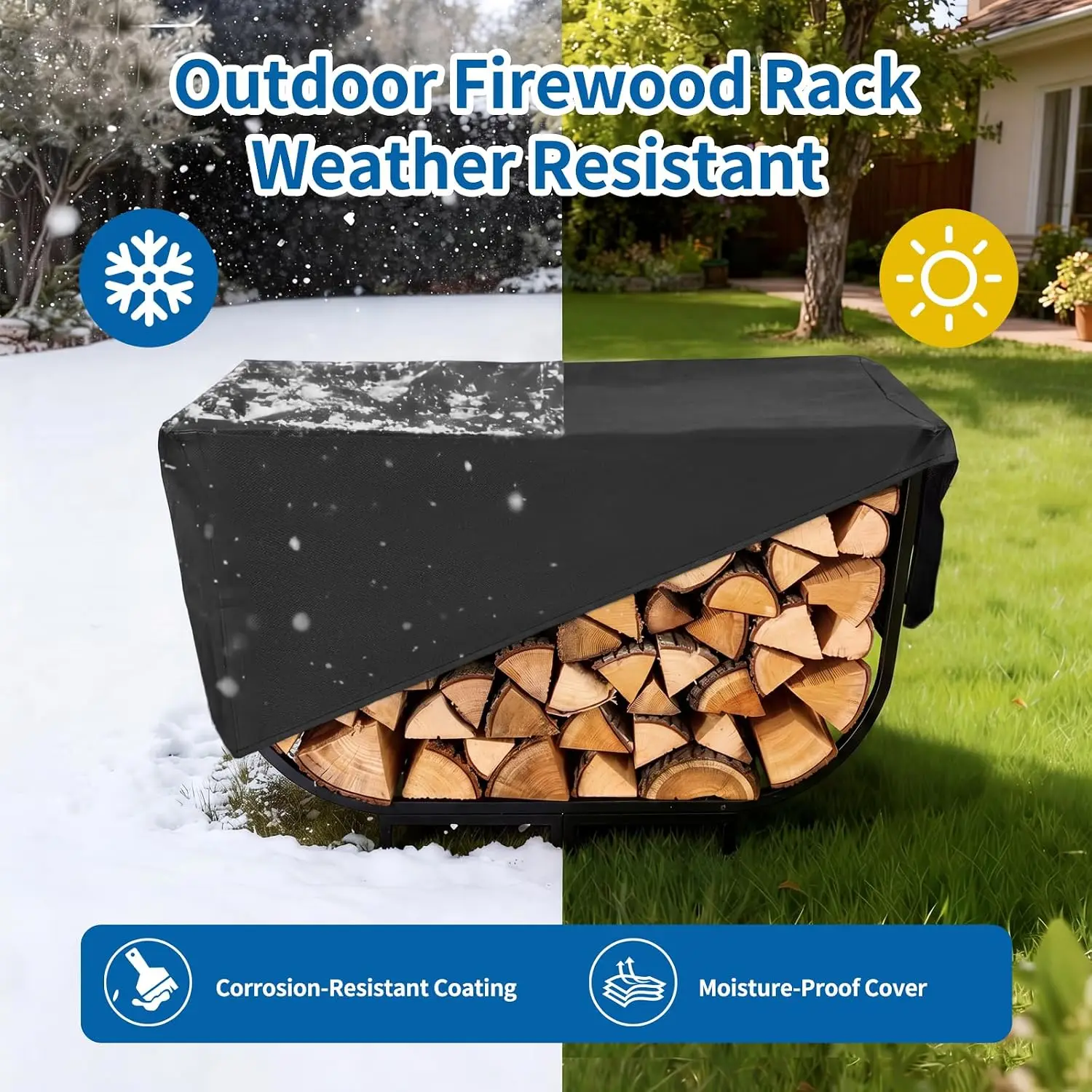 Firewood Rack Outdoor w Thicken Cover, 40 Inch Indoor Large Firewood Rack-Stable Curved Firewood Storage Heavy Duty & Rustproof Metal Log Holder w Hook for X-mas Decoration or Tools Nearby Fireplace - view 3