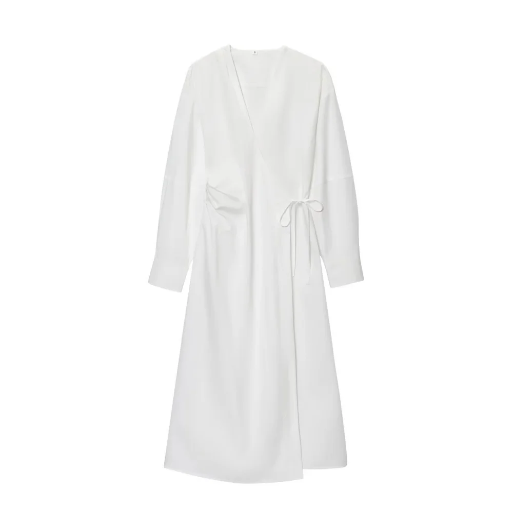 Vestido camisero envuelto de color liso para mujer, manga larga, cuello en V, con cordones, novedad de verano, vestido largo sencillo y moderno