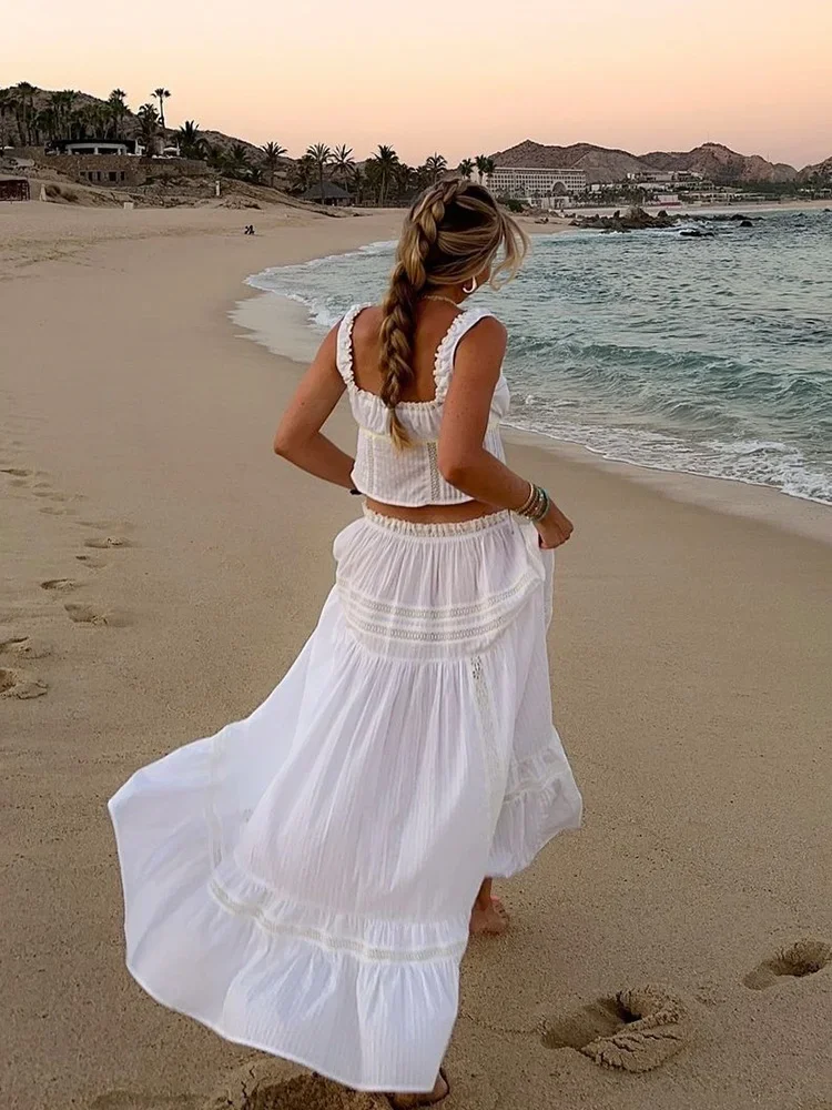 White Lace Skirt Set Women\'s Dress Outfits Summer Beach Cotton Matching Sets 2 Pcs Long Maxi Dress Set Vestidos Female 2025