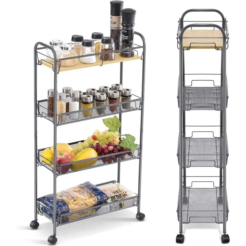 4-Tier Rolling Cart,Metal Utility Cart with Wooden Tabletop,Easy Assemble Mobile Storage Trolley On Wheels,Craft Storage Cart