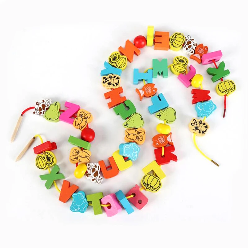 26pcs Wooden Beads Toys Fruits Cartoon Pattern DIY Stringing Threading Wooden Bead Monterssori Educational Games for Kids TMZ