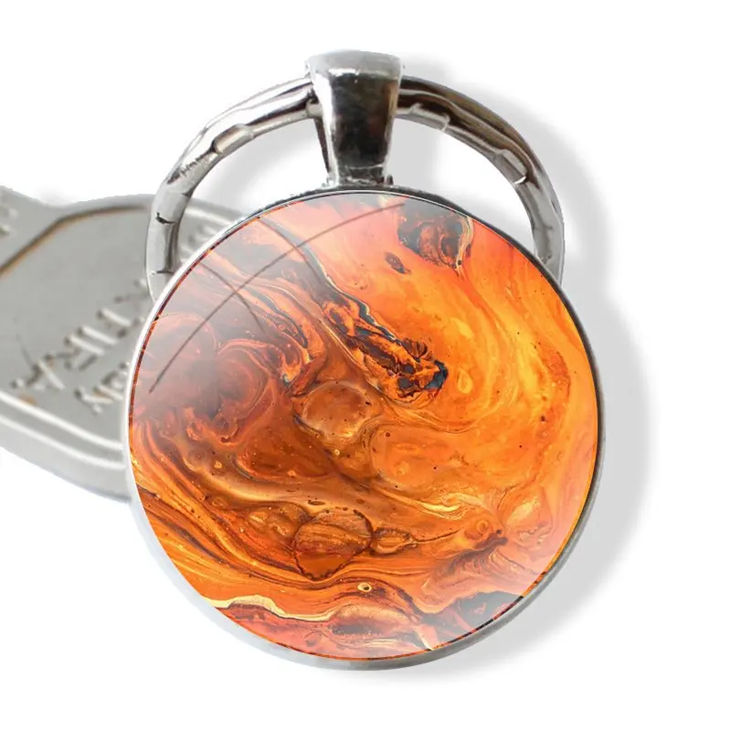 Keychain Handmade Glass Cabochon Key Ring Holder Pendant Key Chains Burnt Orange Swirl Marble Texture