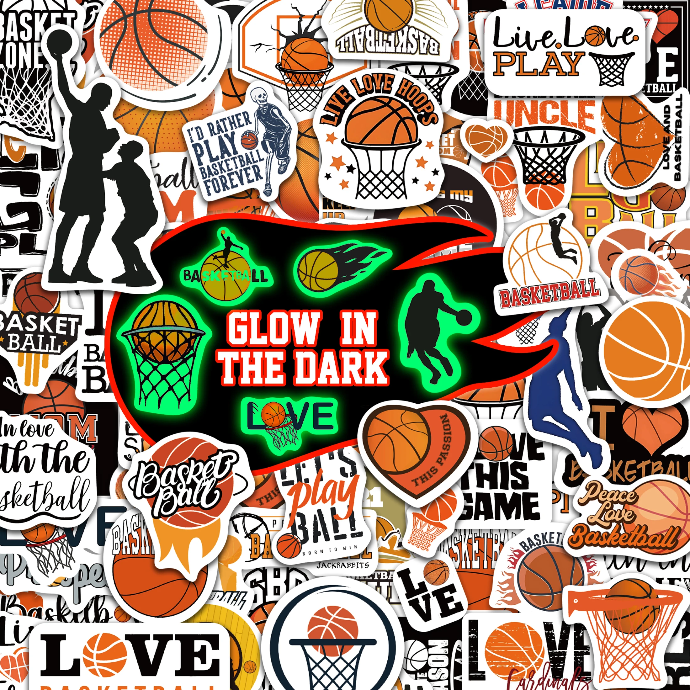 50pcs Glow In The Dark Basketball Stickers,Cute Basketball Gifts Sports Stickers Suitable Water Bottle For Children Teens Adults