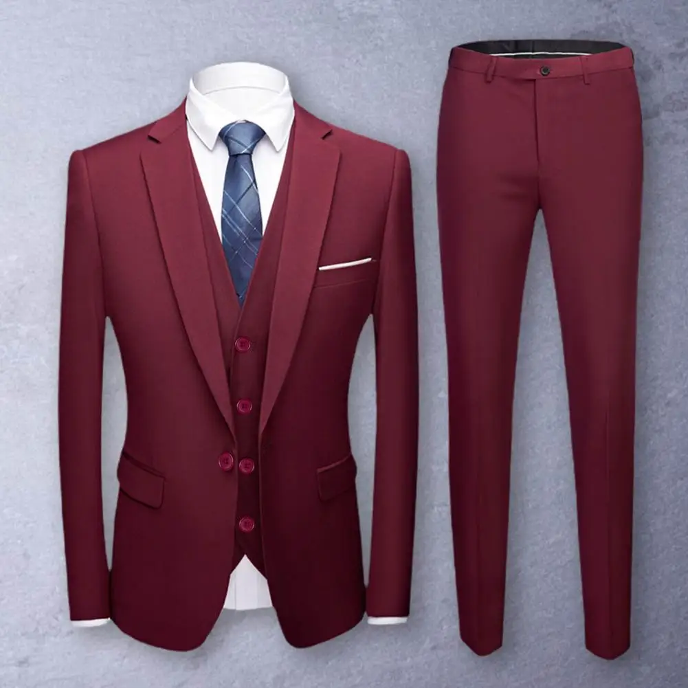 1 Set Formal Suit  Pocket   Groom Suit Pure Color Buttons Blazer Pants