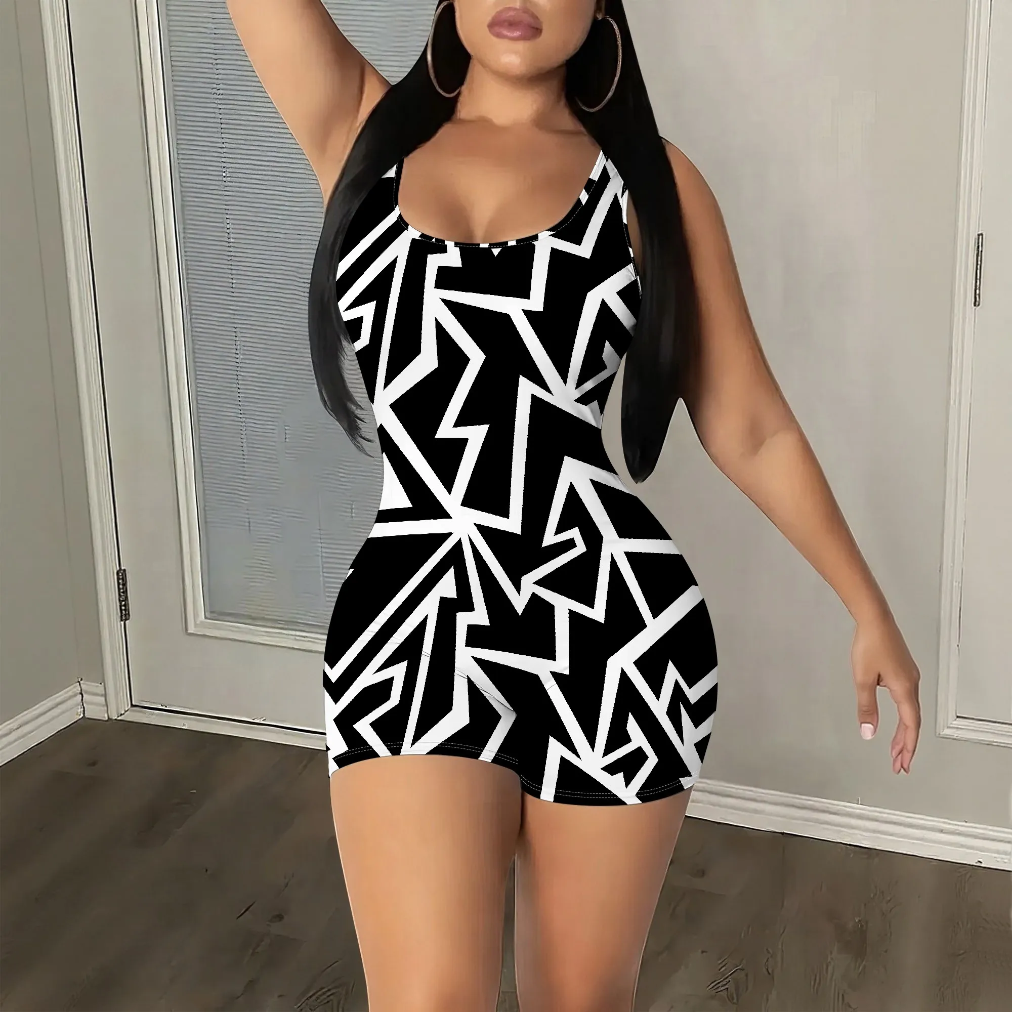 

Geometric Romper, Abstract Print Playsuit, Black White Jumpsuit, Casual Party Outfit, S-2XL