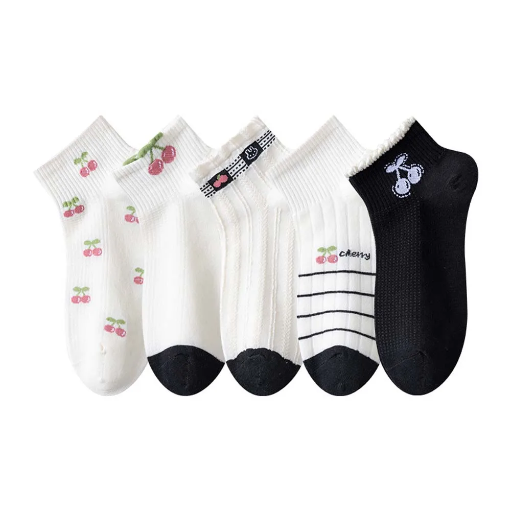 Female Hosiery Cherry Cotton Short Socks Cherry Print Sweat Absorption Cotton Ankle Socks Thin Lolita Cotton Boat Socks