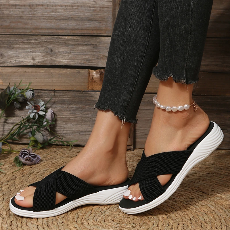 Mesh Cross Strap Wedge Slippers for Women Summer Casual Slip-On Platform Sandals Woman Super Size Lightweight Outdoor Flip Flops