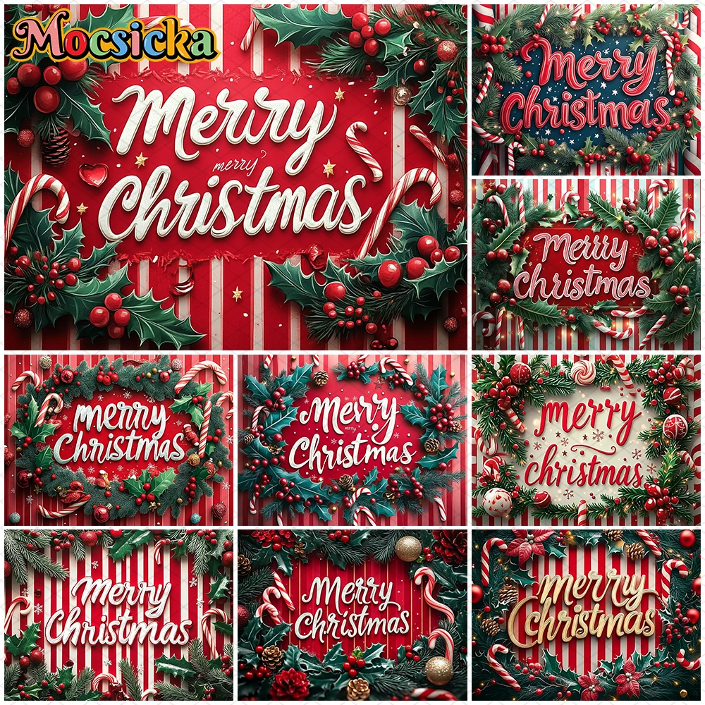 

Mocsicka Merry Christmas Photography Background New Year Party Red Stripe Decorations Children Baby Shower Photo Backdrop Banner