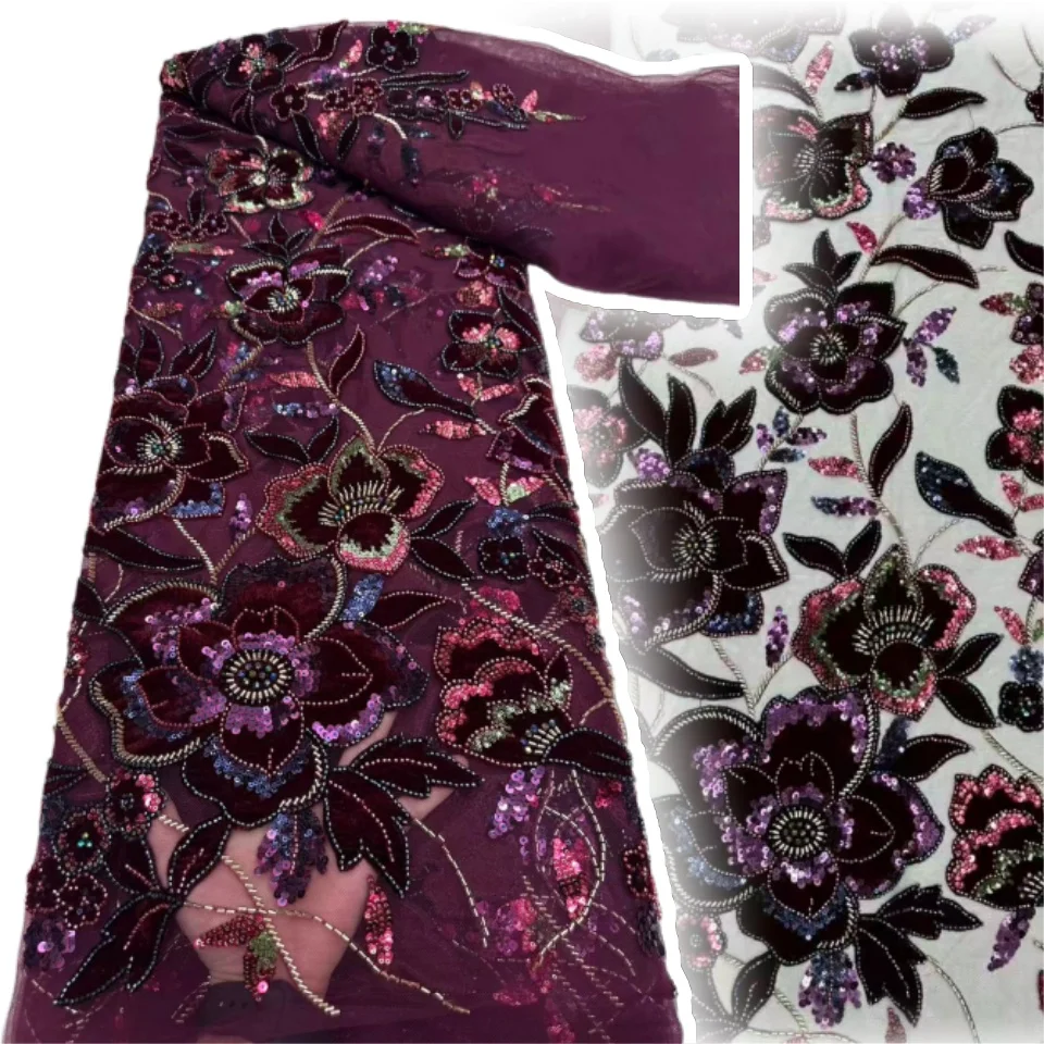 

African Handmade Sequins Beaded Lace Fabric Nigerian High Quality Velevt Pearls Lace Fabric for Bridal Wedding Dresses AH1780