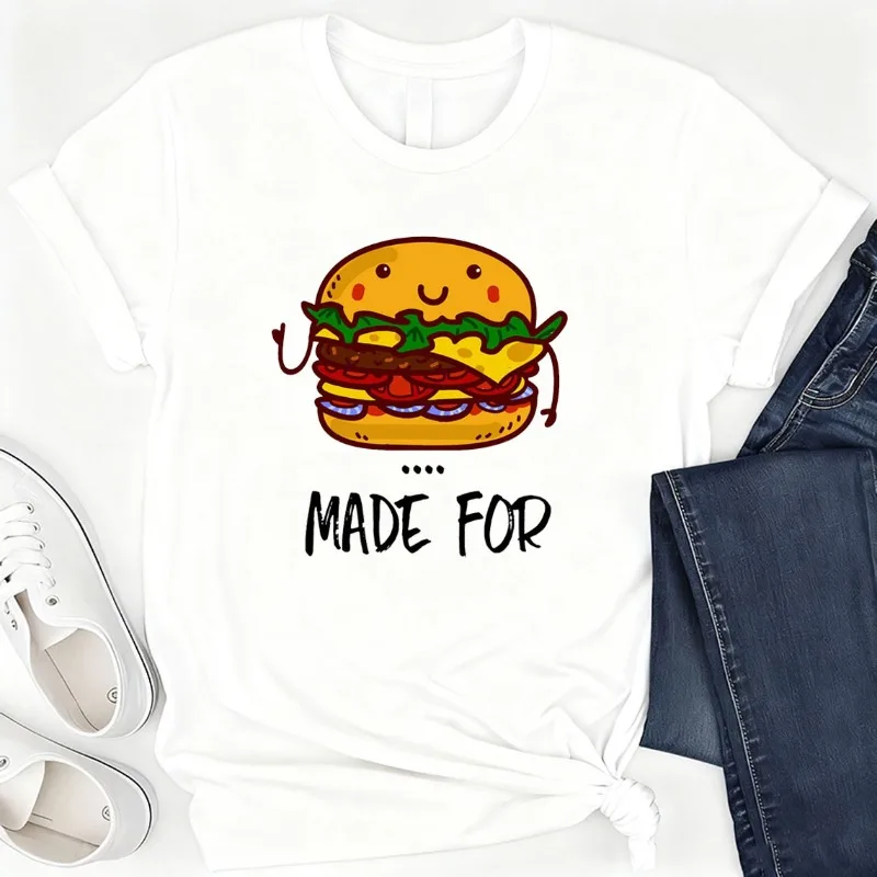 Made for Each Other T-shirts, Matching Couple Burger Fries Foodie Couple Novelty Couple Tees Anniversary Casual Fashion Soft Tee