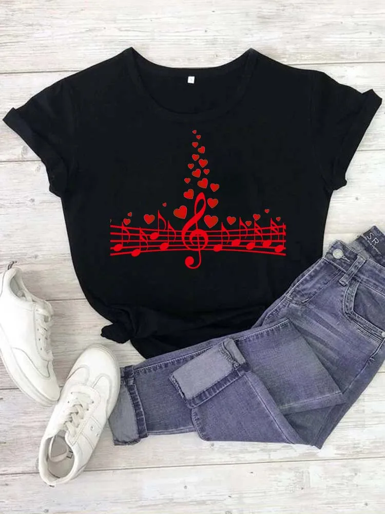 Camiseta con estampado de nota Musical para mujer, remera estampada Harajuku, camisetas informales para mujer