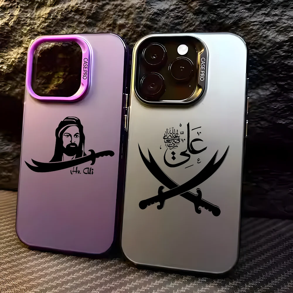 

I-Islamic Hz Ali Scimitar Phone Case For IPhone 16 15 14 13 12 11 Pro Max Black Matte Multicolor Laser Metallic Aurora Funda