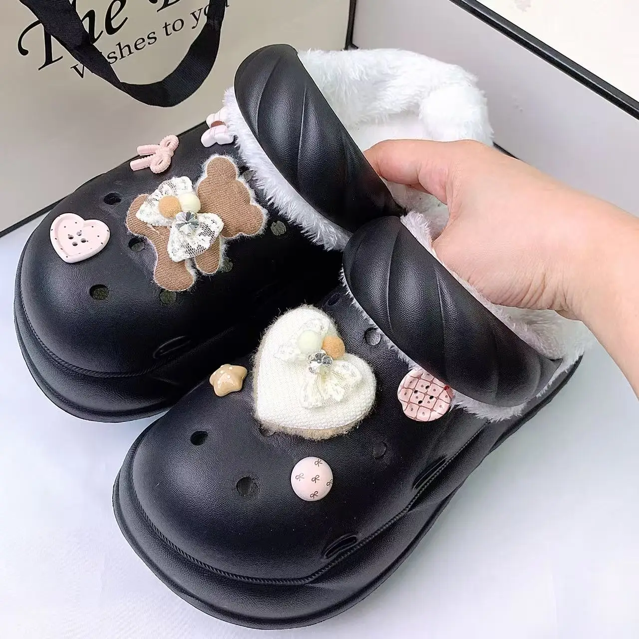 Exquisite and Fashionable Autumn and Winter Furry Slippers for Women, Plush Clogs with Bear and Heart Design, Thick-Soled, Non-Slip, Elevated, Soft and Comfortable view 4