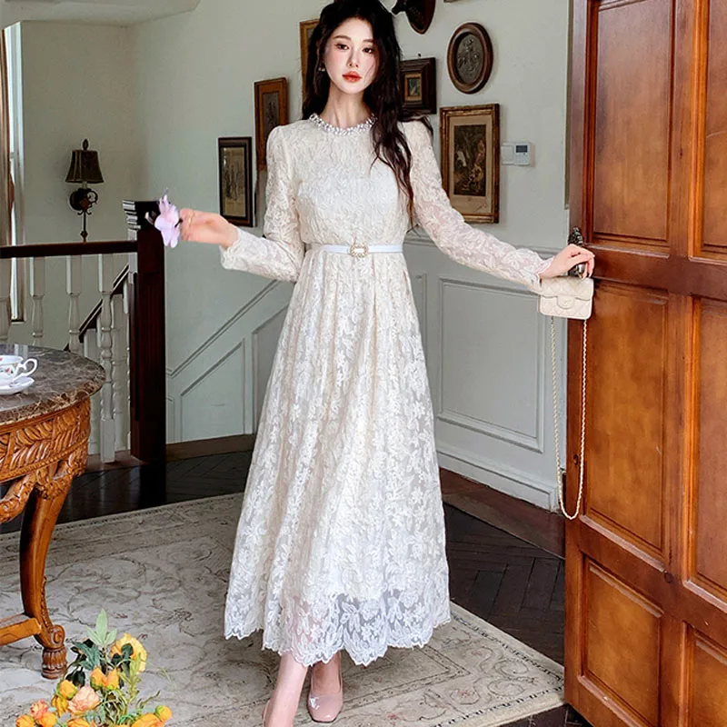 Francês vintage outono bordado flor oco para fora midi vestido elegante feminino luxo miçangas o pescoço magro a linha vestido de festa robe