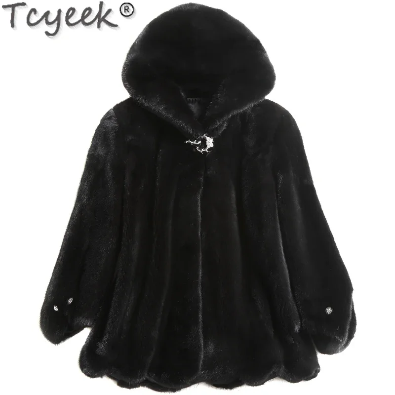 Tcyeek Natural Mink Fur Jacket for Women Imported Whole Mink Coat Winter Women's Fur Jacket Black Hooded Real Fur Coats Female