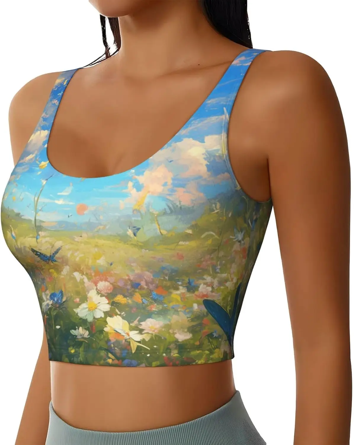 Birds Flowers Butterfly Print Sports Bras for Women Funny Yoga Crop Tank Tops for Exercise Running Cycling Gym