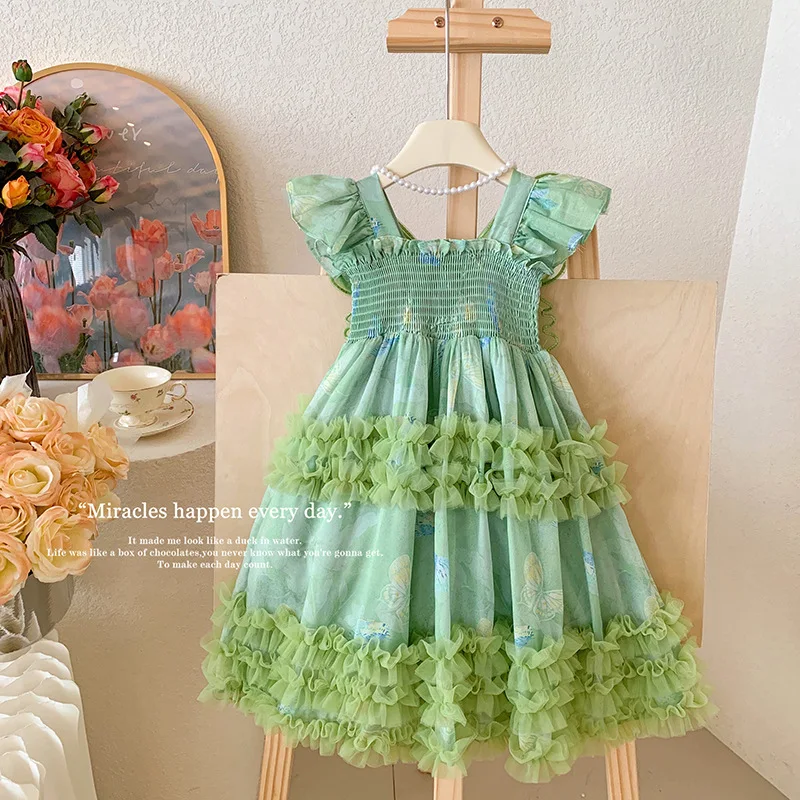 Girls' dress2024summer children's dress sling princess dress baby Dream elf butterfly rainbow skirt