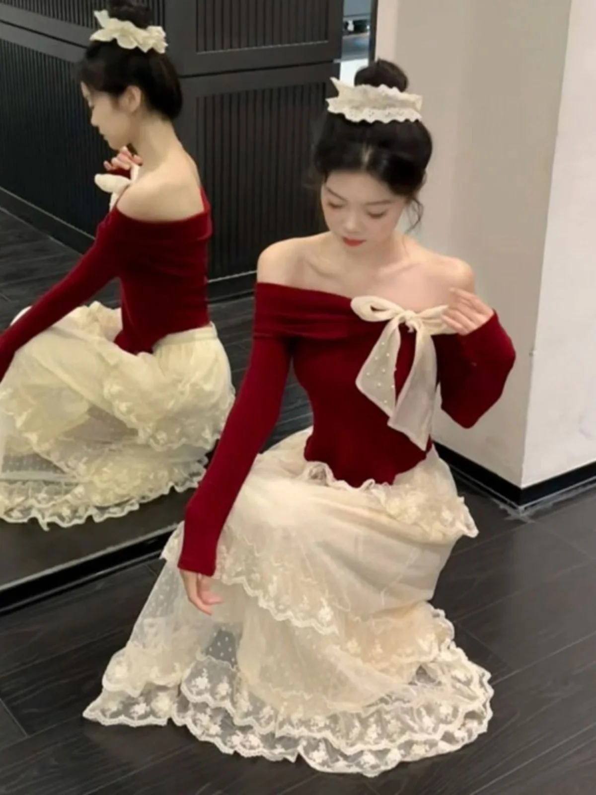 

Sexy One-Shoulder Cake Skirt Set Spring Fashion Two-Piece Women's Ensemble Comfortable Cotton Knit Top Midi Skirt Ensemble