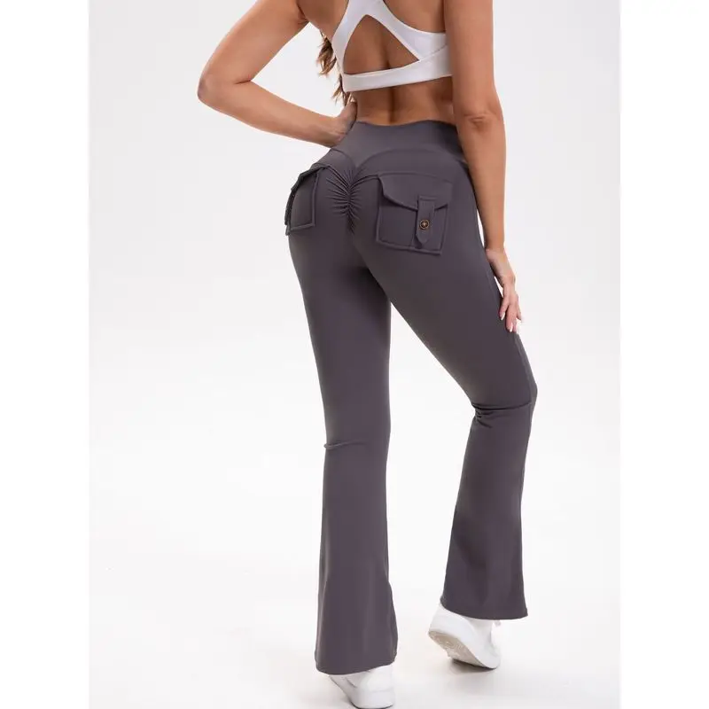 Women Cargo Flare Yoga Pants Scrunch Butt High Waist Bootcut Leggings with Pockets Workout Gym Activewear
