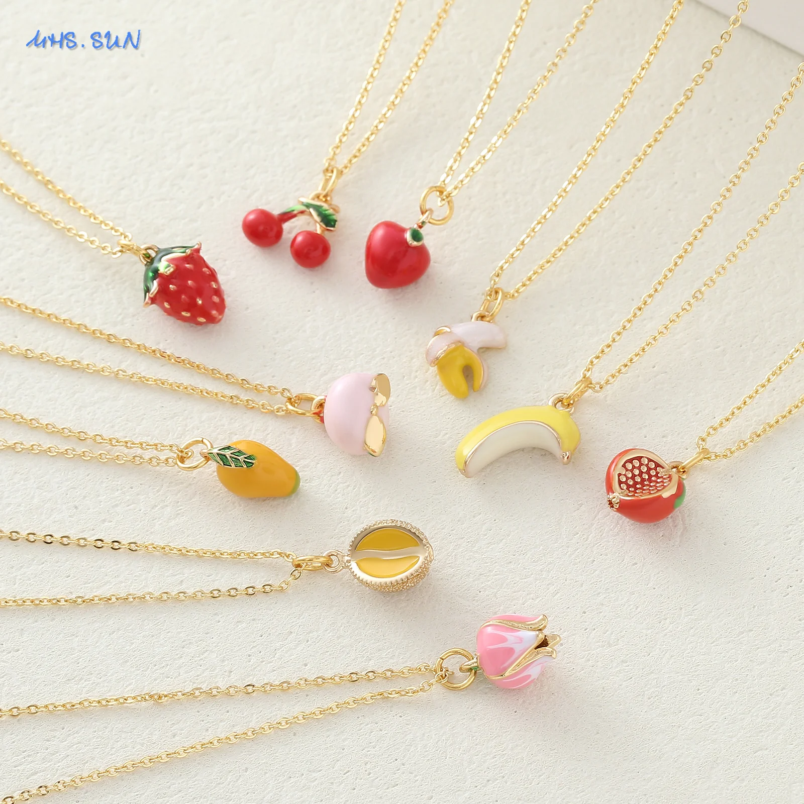 MHS.SUN Cute 3D Fruit Series Pendant Necklace For Women Girls Strawberry Cherry Mango Banana Peach Necklaces Choker Jewelry Gift