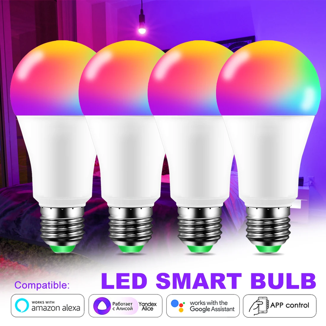 WiFi Smart Lamp LED Light Bulb Alexa Yandex Alice Google Home Assistant APP Voice Control 15W Color RGB E27 220V 110V Dimmable