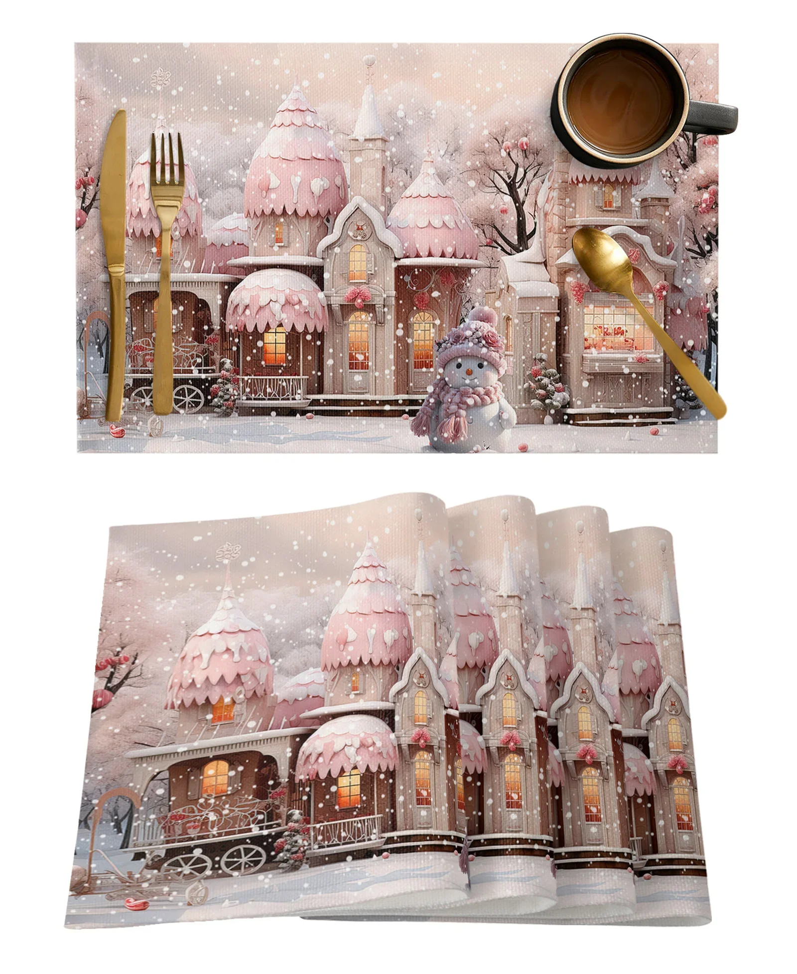 4PCS Christmas Snowman Snow Scene Pink House Placemats Linen Dining Table Mats Coaster Bowl Cup Mat Kitchen Home Decoration