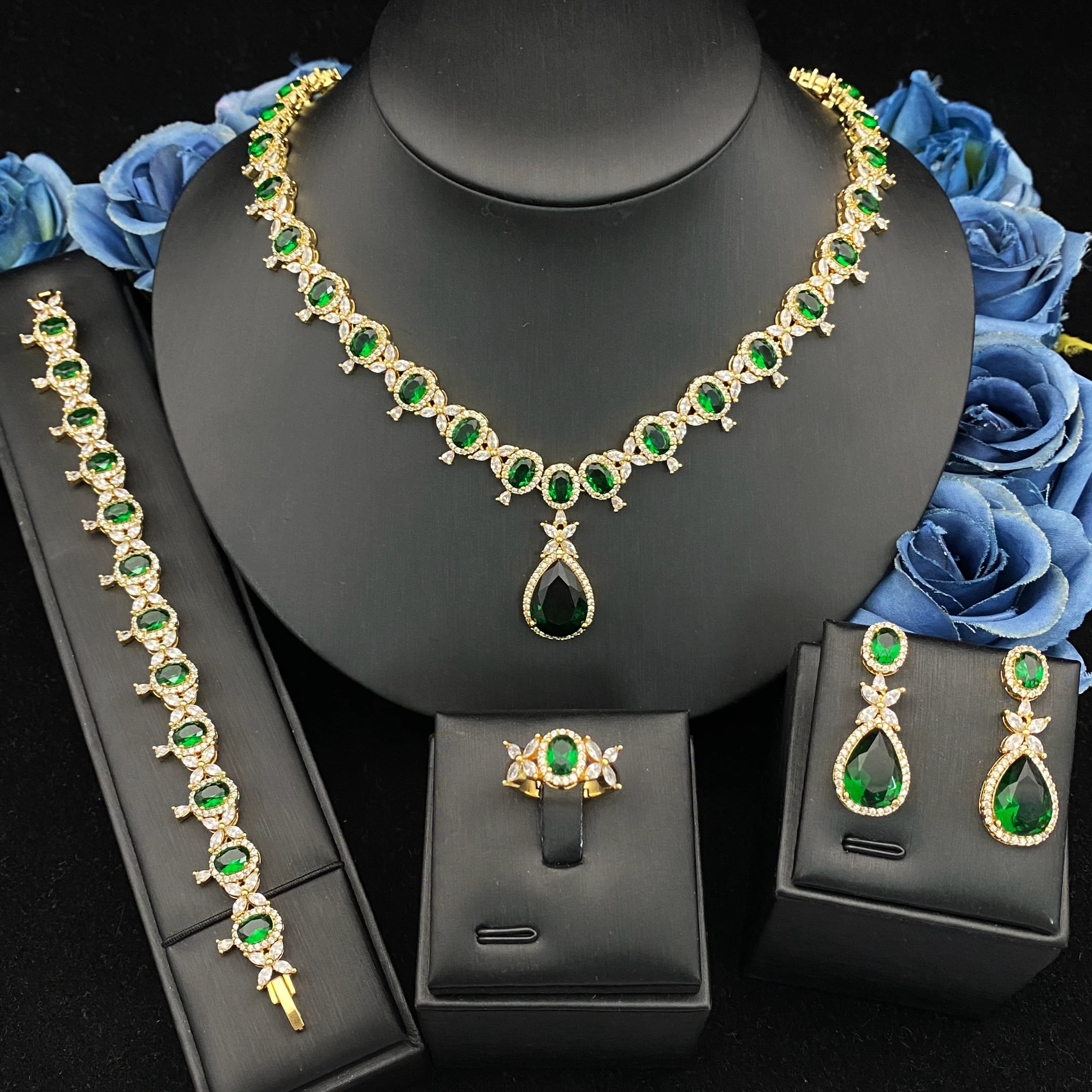 

JRH Water Droplet Shape Gold Plated Brass 4Pcs Zircon Set Bracelet Ring Necklace Earrings for Bridesmaid Party