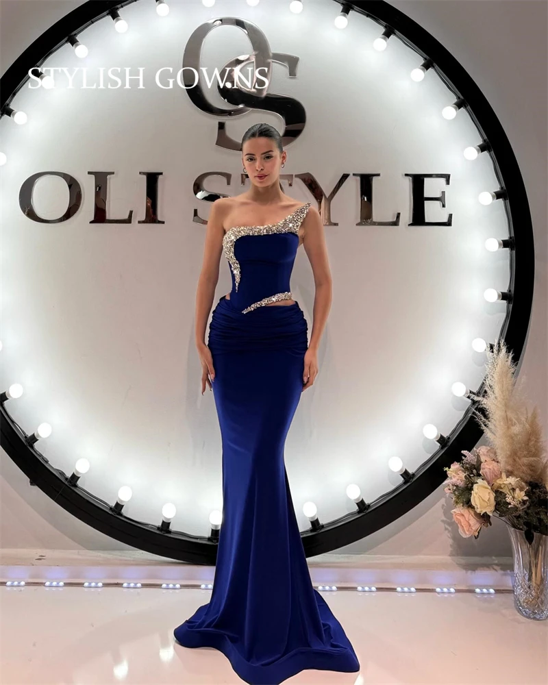 Royal Blue One Shoulder Evening Dresses Elegant Women Dress Bead Birthday Prom Crystal Special Occasion Dress Customized