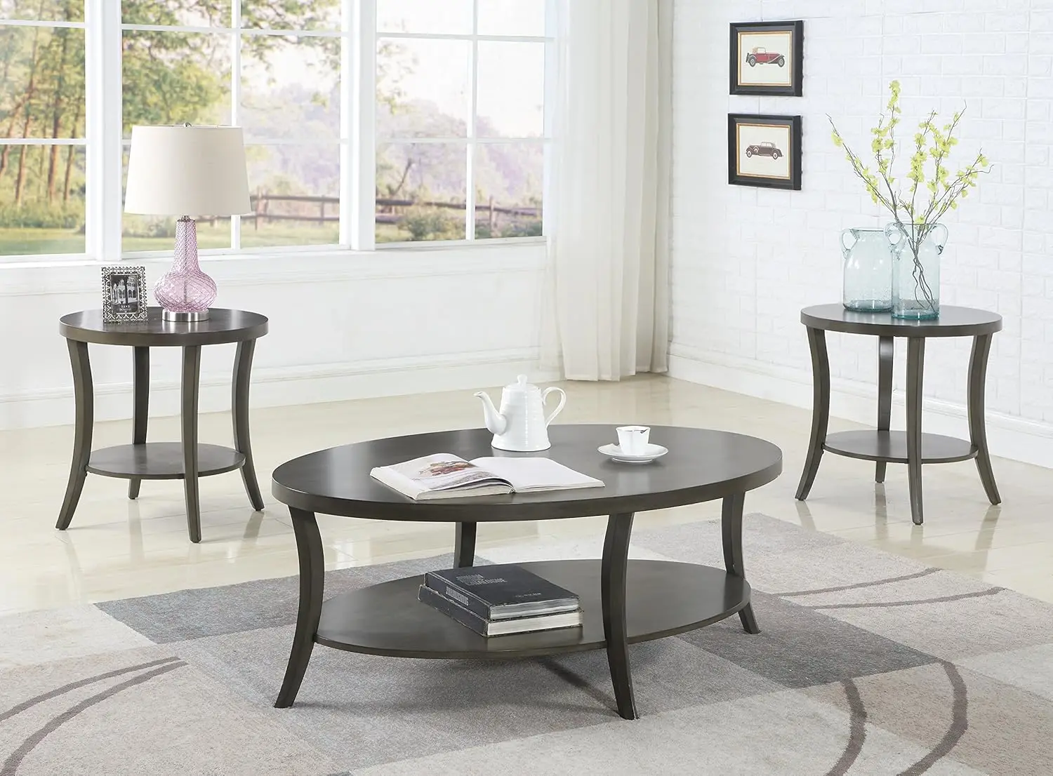 

Modern Grey Oval Coffee Table Set with Shelf, Contemporary Living Room Furniture