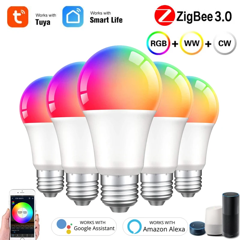 

Zigbee3.0 Smart Light Bulb Tuya Bulb RGBCW 9W Color Changing LED Light E27 110V 220V Smart Life APP Compatible Alexa Google Home