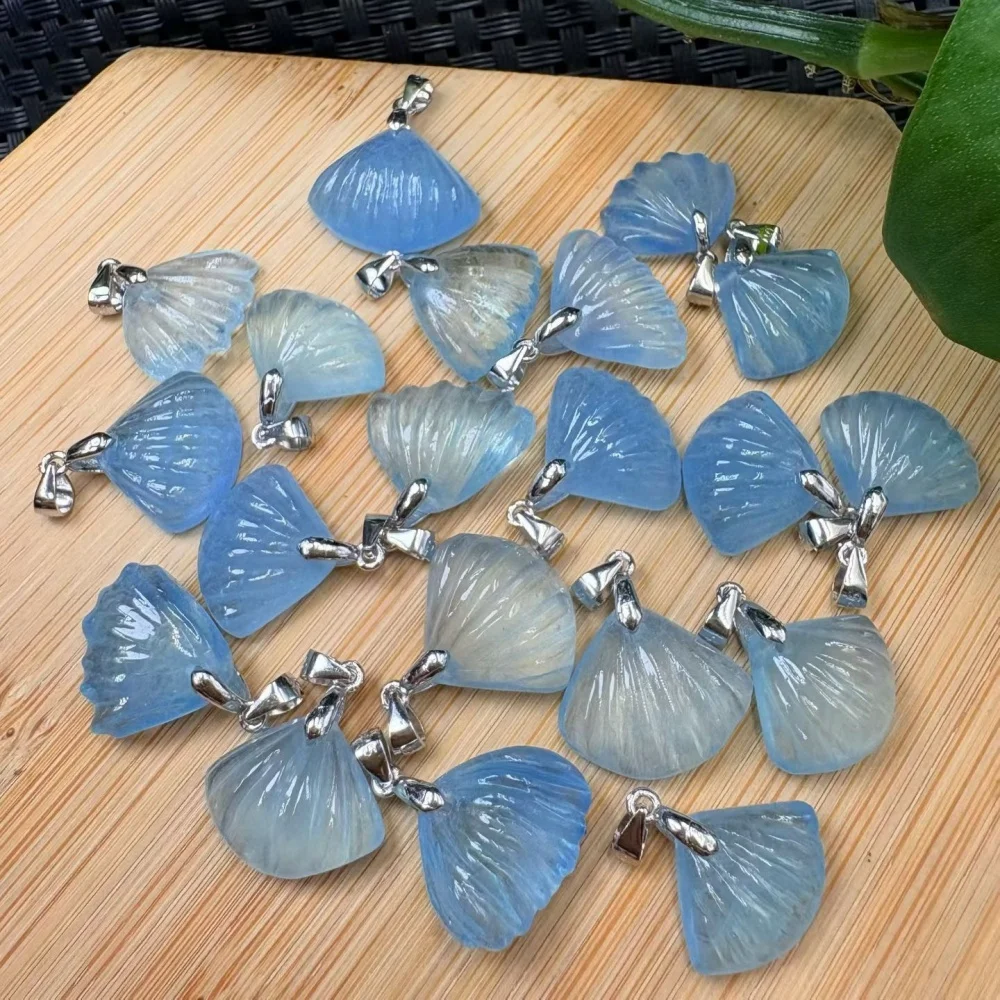 Natural Aquamarine Carved Seashell Pendant Silver Bail Blue Crystal Necklace Women Healing Crystal Jewelry