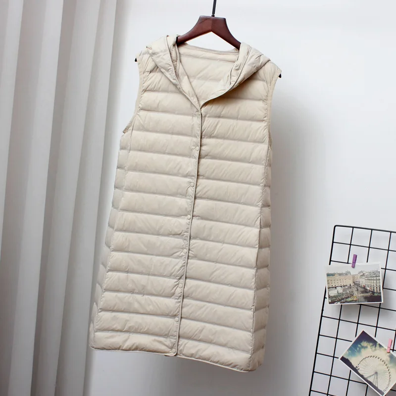 

New 2026 Fashion Hot Sale Women Ultra Light Down Long Vest With Hood Casual Slim Waistcoat 90% White Duck Down Gilet