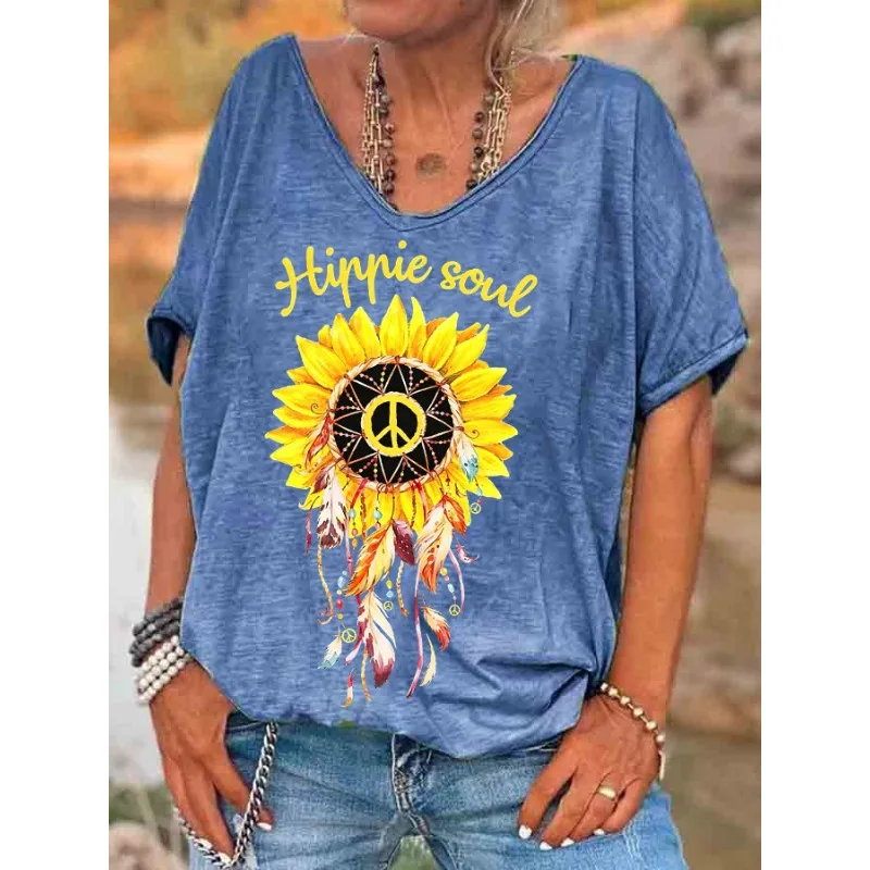 ilstile Women's Hippie Soul Love Happiness Print T-Shirts Summer Beach Short Sleeve T Shirt Casual Loose V Neck Tops Tees Blue
