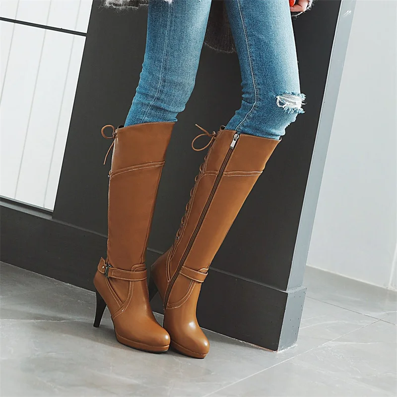 Winter Women Lace-up Platform Knee High Boots Red Black Spike Heel Round Toe Sexy Dress Party Lady Buckle Belt Zipper Long Boots