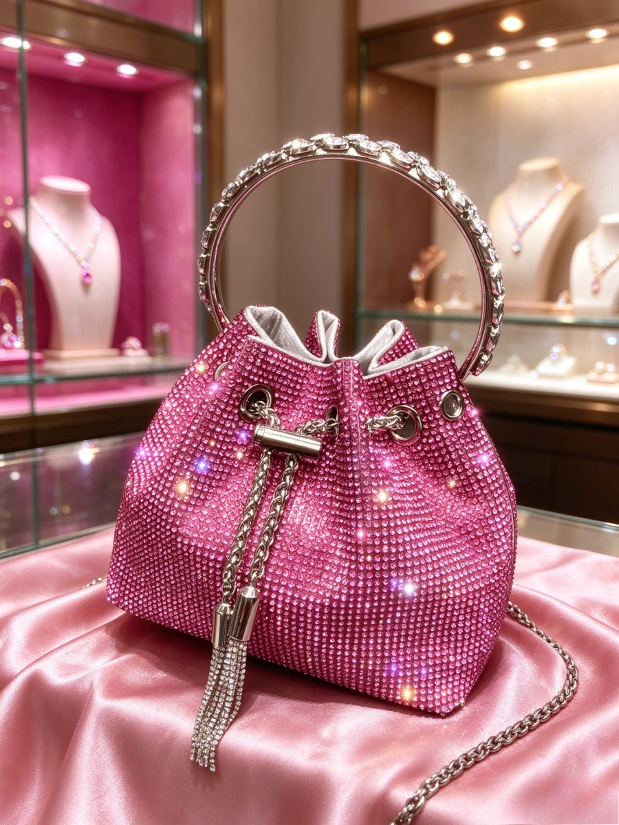 women-rose-pink-full-rhinestone-drawstring-bucket-bag-elegant-crystal-ring-handle-handbag-with-tassel-chain-for-mature-ladie