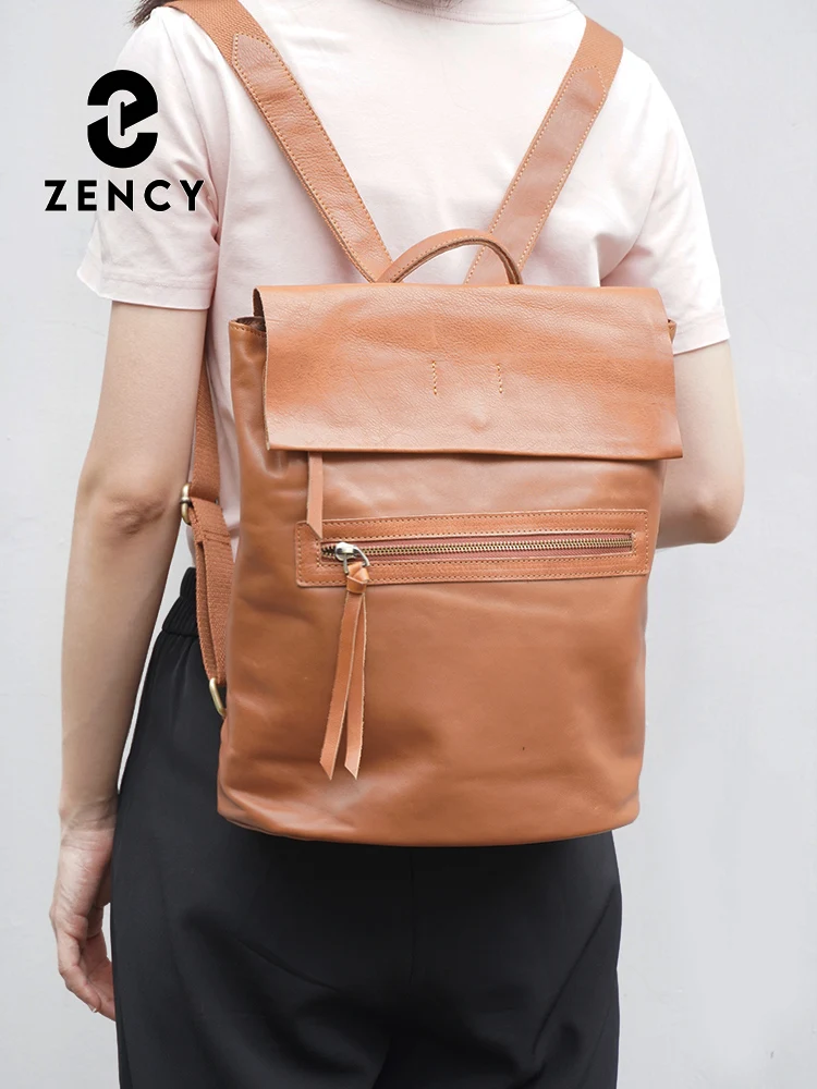 Zency Women's Retro Cowhide Leather Backpack Large Travel Knapsack Zipper Rucksack Fit 10 inch Ipad A4 Magazine Flap Bag Satchel