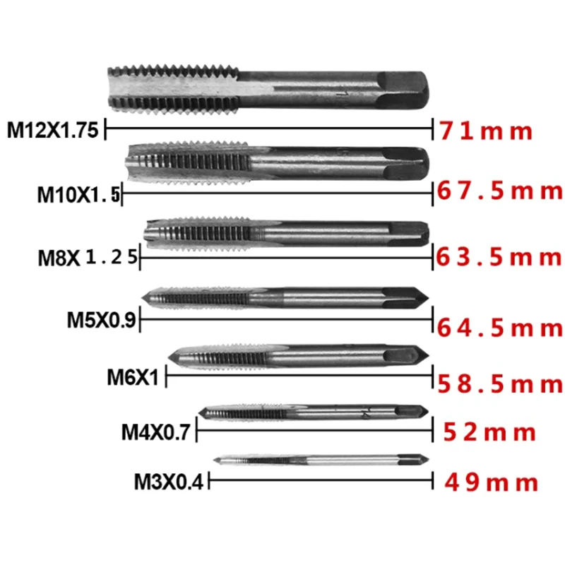 7pcs/set Male Thread Tap Metal Meters Drill Bit M3 M4 M5 M6 M8 M10 M12 Metric Impact Plug Mechanical Workshop Tool